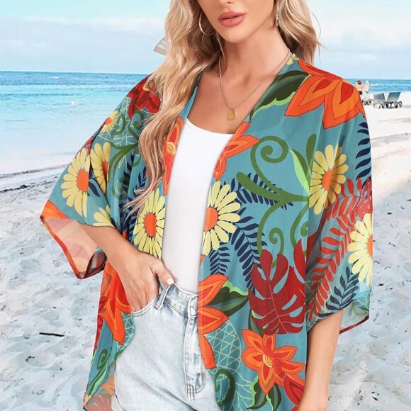 Women Kimono Cardigans Casual Summer Tops Cover up Open Front Floral Print Resor - Picture 4 of 5